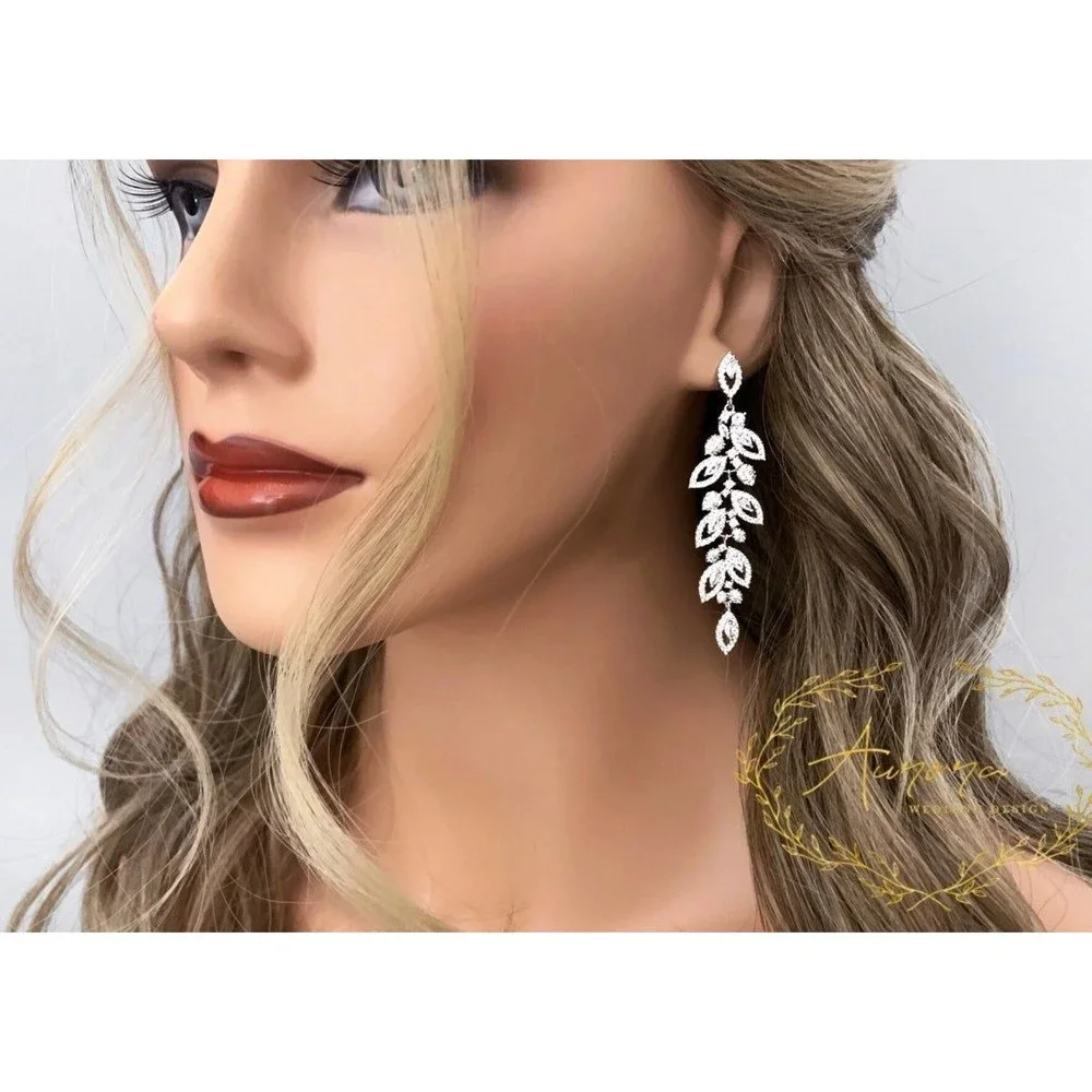 14K Gold Plated Leaflet Special Occasion Dangle Drop Earrings - Picture 2 of 10